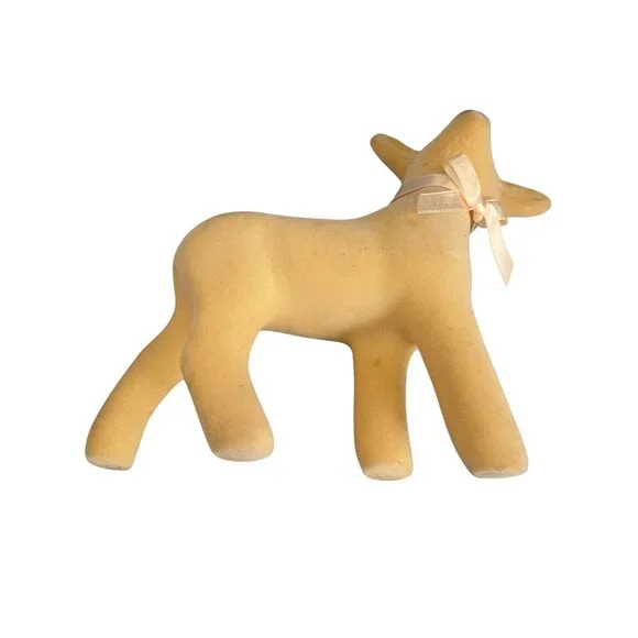 Vintage Midcentury Flocked Lamb Figurine W/ Satin Bow 7.5" - Picture 8 of 9